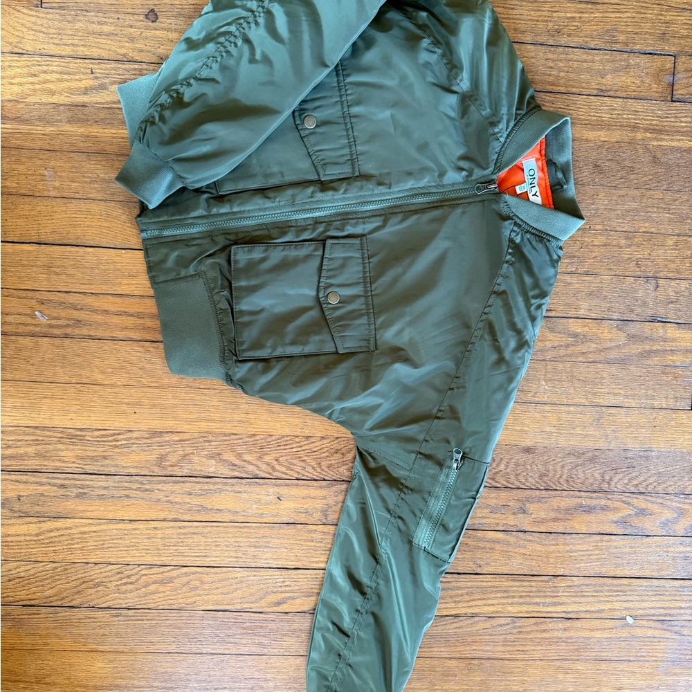ONLY Reversible-Style Jacket in Olive Green with Orange Lining